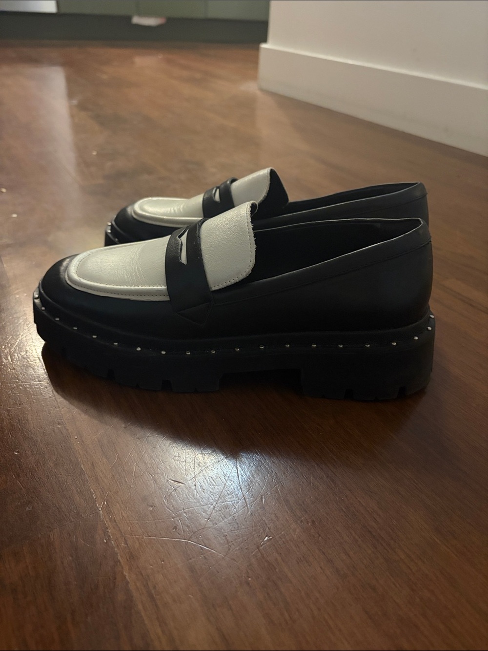 SCHUTZ Black and White Studded Leather Loafers - Picture 2 of 3